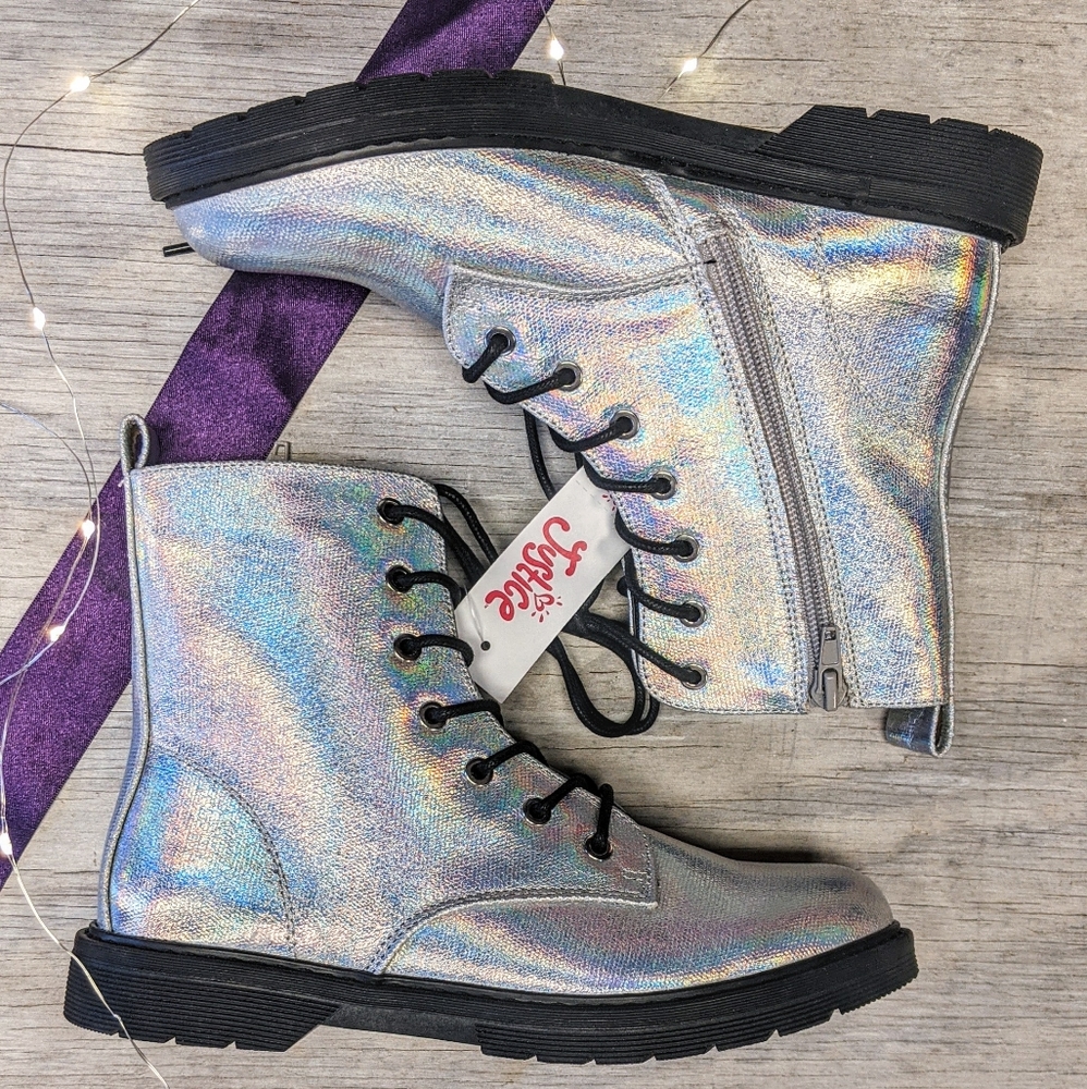 Metallic silver and rainbow combat boot